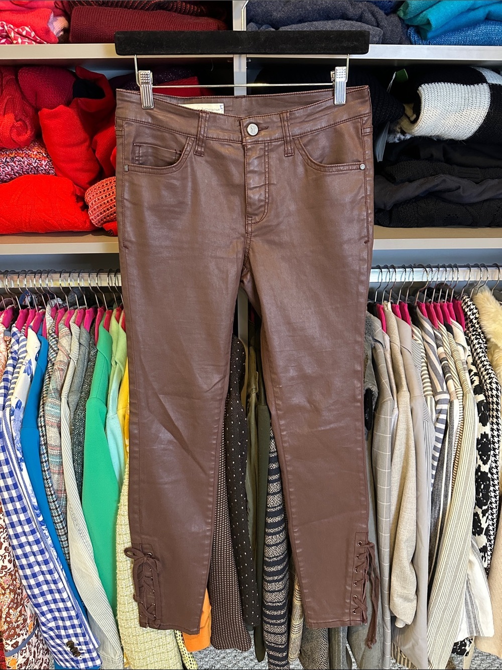 Pilcro and the Letterpress brown coated canvas laced up high rise pants Size 26